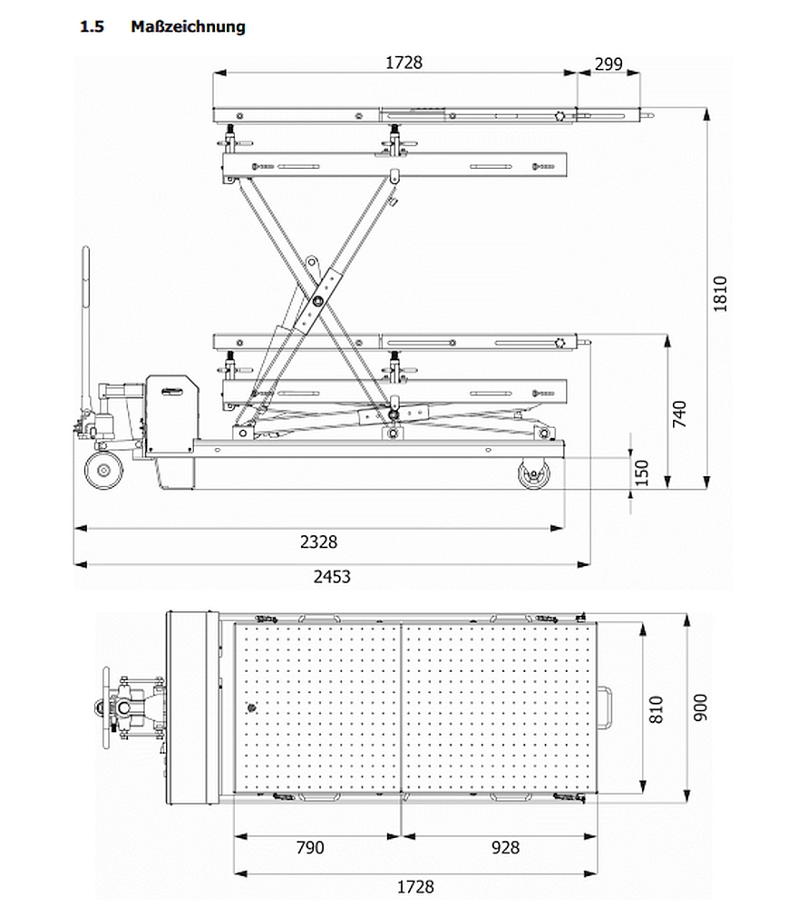T15 verrijdbare heftafel met verstelbare boventafel
