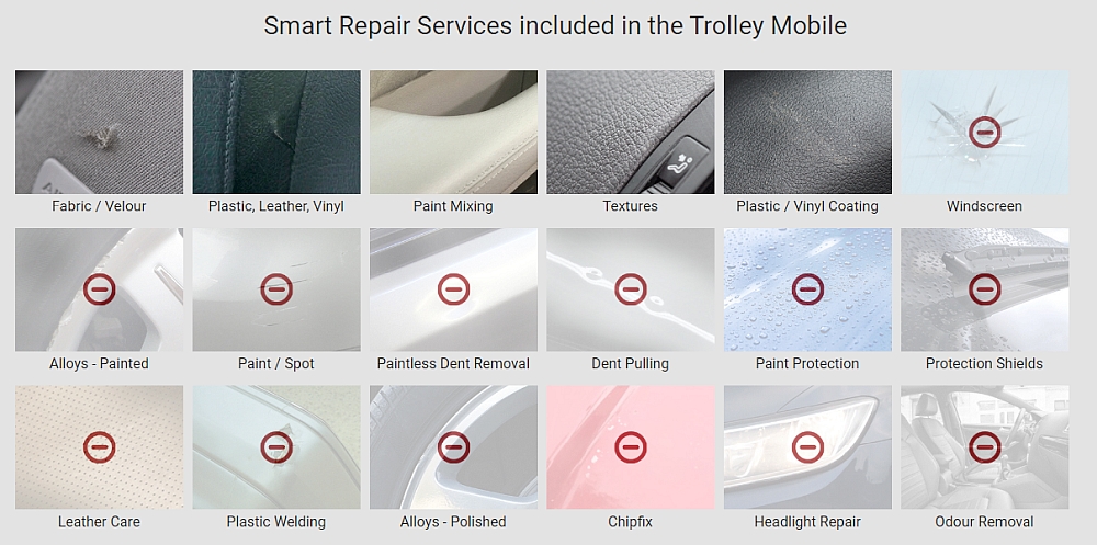 Compleet interieur reparatieset in trolley voor:
Stof en velours
Kunststof leer en vinyl
Herstel structuur
Spuiten leer en kunststof, watergedragen mengsysteem
Alle toebehoren zoals airbrush en weegschaal
Reparatie bumpers en dashboard
Verrijdbare trolley
