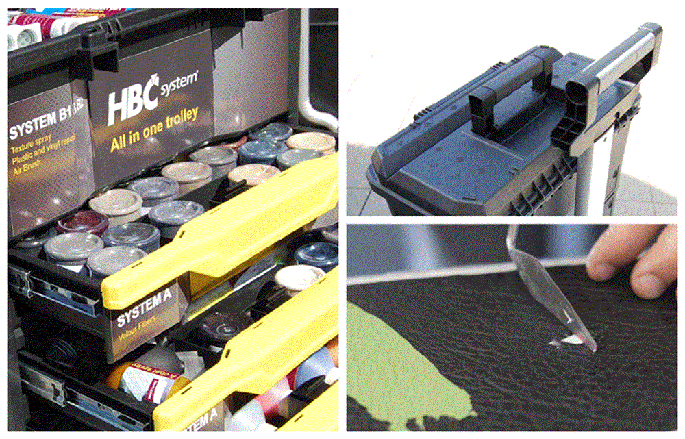 Compleet interieur reparatieset in trolley voor:
Stof en velours
Kunststof leer en vinyl
Herstel structuur
Spuiten leer en kunststof, watergedragen mengsysteem
Alle toebehoren zoals airbrush en weegschaal
Reparatie bumpers en dashboard
Verrijdbare trolley