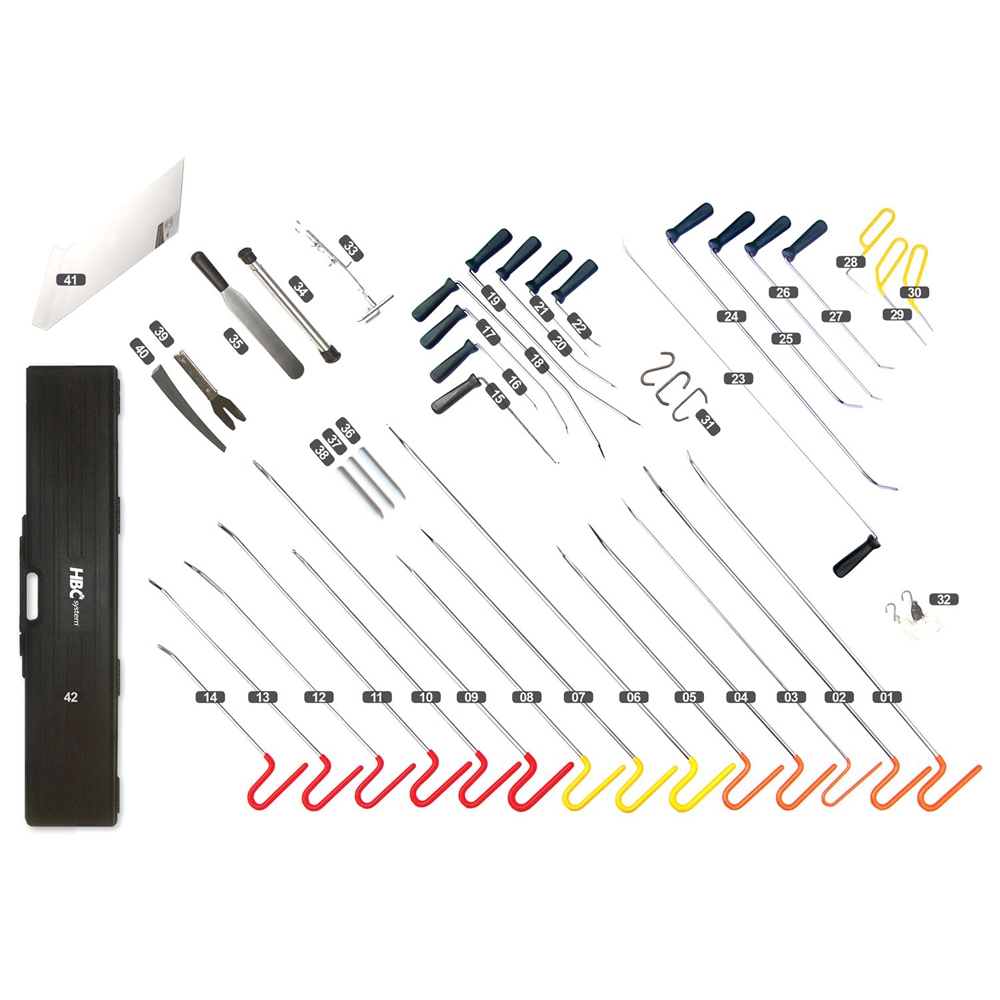 Master trolley compleet set smartrepair bestaande voor reparatie:
Stof en velour bekleding A
Reparatie kunststof leer/vinyl B1
Structuur aanbrengen en spuiten leer/vinyl B2,3,4
Reinigingsset en onderhoud leer B5
Kunststof lasset bumpers en interieur B6
Herstel krassen steenslag C
Ruitreparatie (ster) D1
Koplamp renovatie / polijsset D
Reparatie en polijstset lichtmetalen velgen E
Lijmset met slaghamer
30 delig PDR set met toebehoren G30
PDR lamp HB 440
Ozon interieur reiniging H