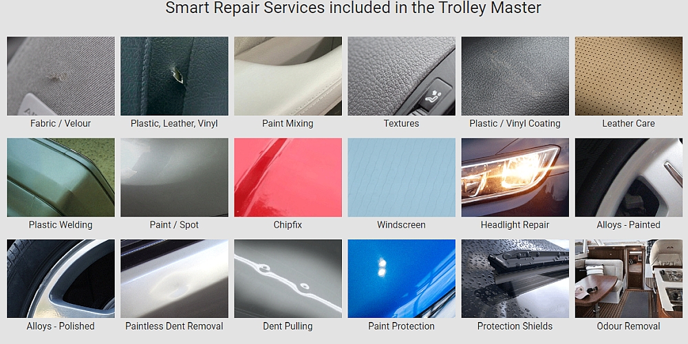 Master trolley compleet set smartrepair bestaande voor reparatie:
Stof en velour bekleding A
Reparatie kunststof leer/vinyl B1
Structuur aanbrengen en spuiten leer/vinyl B2,3,4
Reinigingsset en onderhoud leer B5
Kunststof lasset bumpers en interieur B6
Herstel krassen steenslag C
Ruitreparatie (ster) D1
Koplamp renovatie / polijsset D
Reparatie en polijstset lichtmetalen velgen E
Lijmset met slaghamer
30 delig PDR set met toebehoren G30
PDR lamp HB 440
Ozon interieur reiniging H