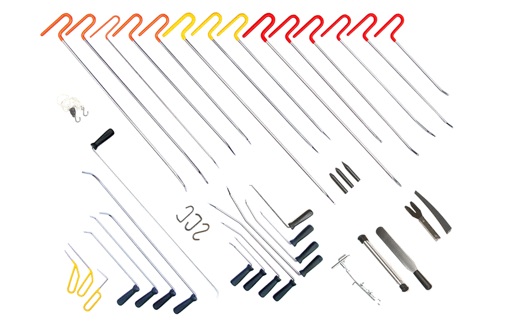 PDR trolley voor uitdeuken zonder spuiten bestaande uit:
Premium 30 delige set PDR stokken
Set knock down tools
Set toebehoren oa. snijmes
Aantal tool supports o.a. vacuum
3 delig verstelbaar set PDR stokken
PDR lamp HB 13998 met zuignap
Lijmset met slaghamer

Levenslange garantie op PDR stokken!