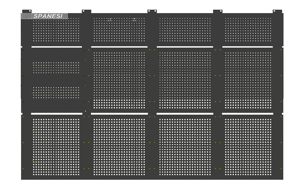 Gereedschapswand Spanesi 4000x2500mm
Op deze Spanesi opbergwand kunnen allle richtbank toebehoren zoals trekklemmen en kettingen overzichtelijk opgehangen worden. Het maakt een richthoek af en werkt efficient omdat alles een vaste plek heeft.
Het set bestaat uit:
8 wandpanelen van 1000x1000 
4 wandpanelen van 500x1000
ophangconstructie
3 opbergplanken lengte 1000mm
Bevestigingsmaterialen
20x stalen ophangshaak enkel
20x stalen ophanghaak dubbel

Exclusief montage kosten!